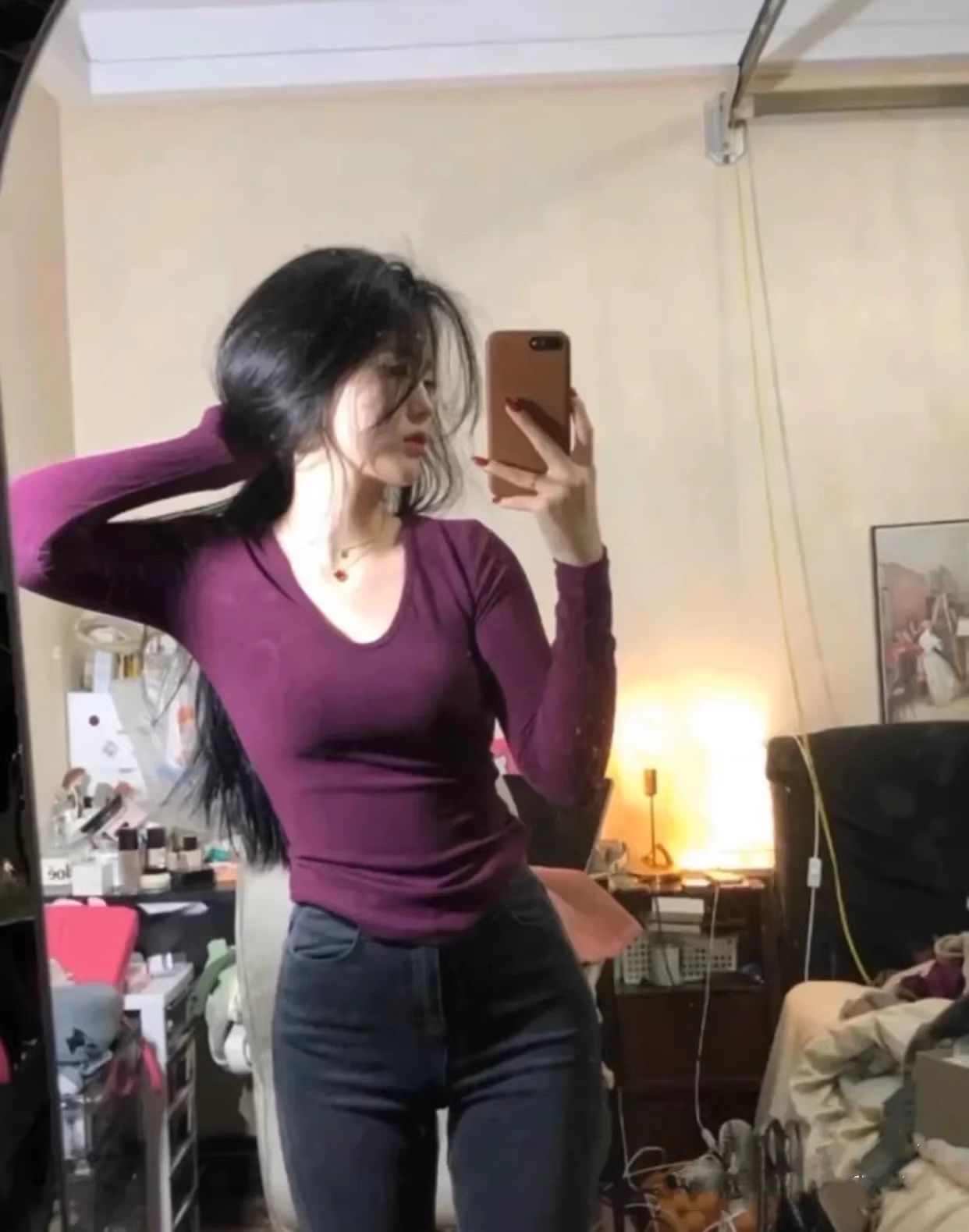 新款U領性感修身顯瘦T恤人棉/辣妹短款打底衫長袖上衣女春秋
