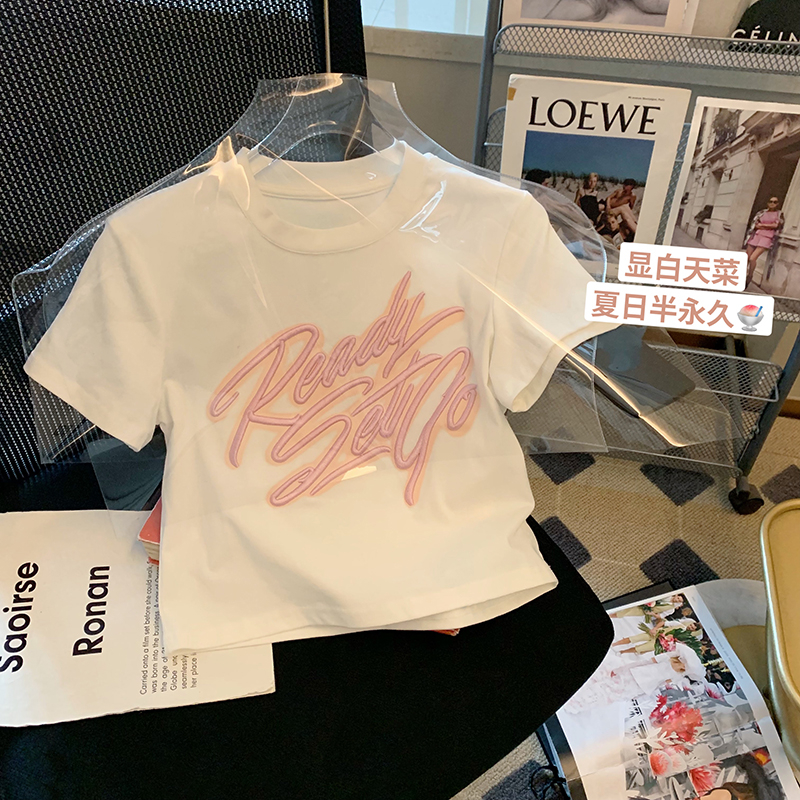 美式復古短款t恤女夏季修身高腰bm辣妹露臍甜酷白色正肩短袖上衣