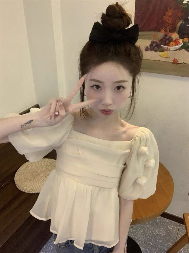 法式收腰遮肚子雪紡衫女2024夏季新款時尚洋氣方領娃娃衫短袖上衣