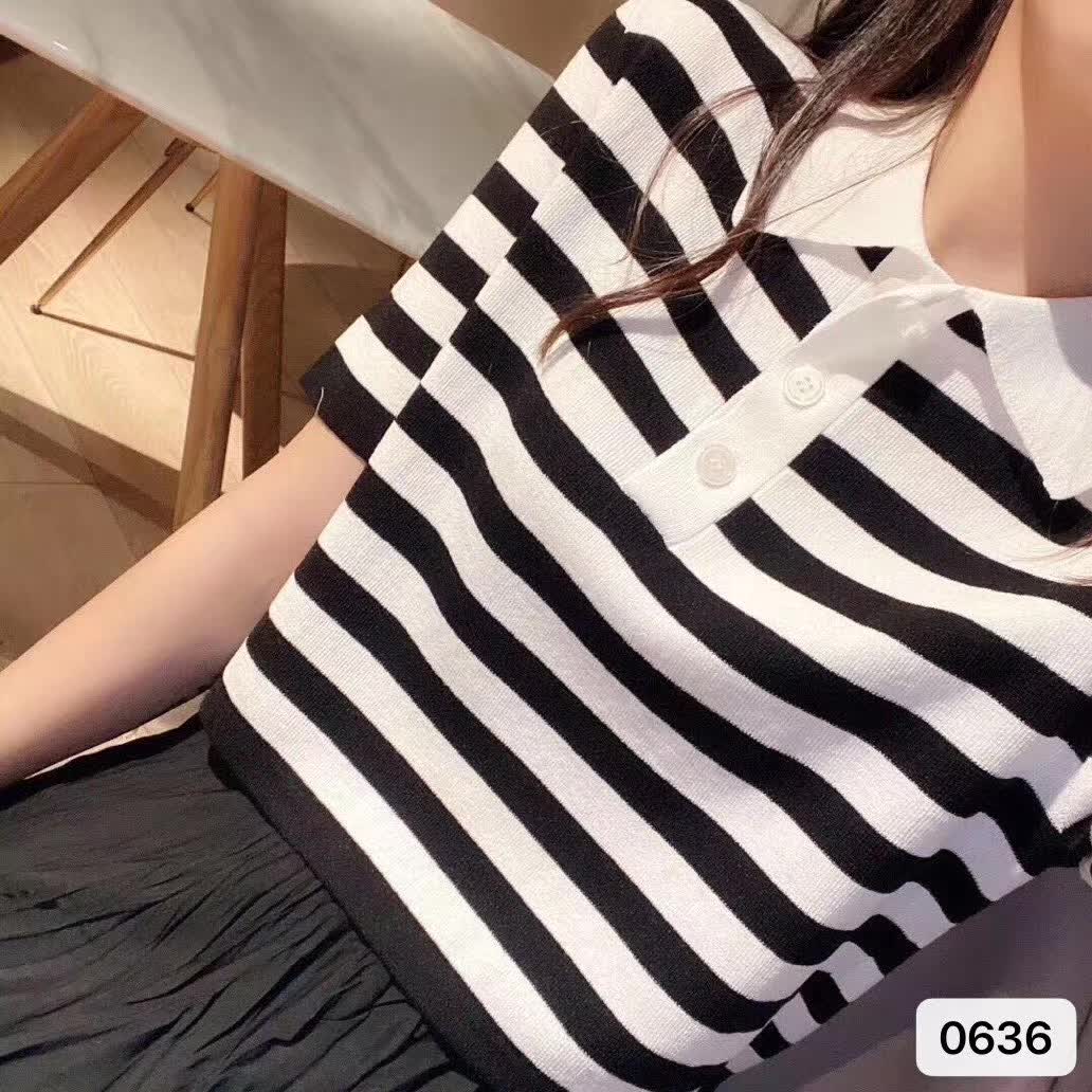 夏季新款減齡紅白撞色條紋polo領短袖針織上衣女