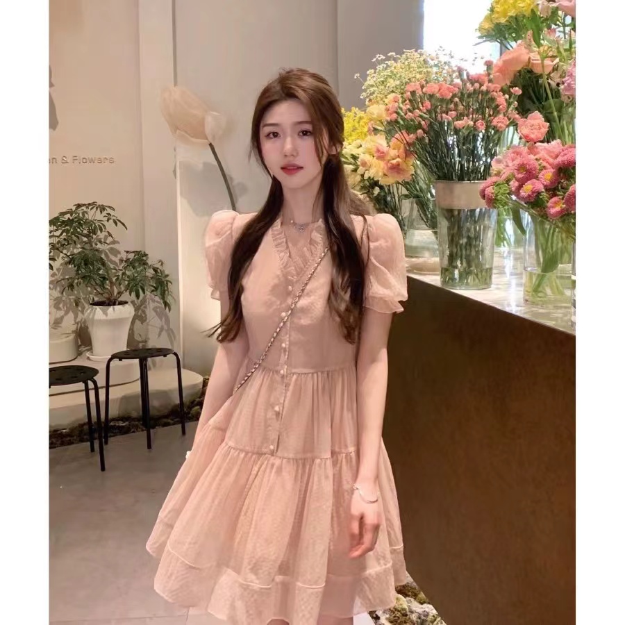 初戀裙法式v領粉色女甜美連衣裙夏季裙子仙女裙絕美ins短裙