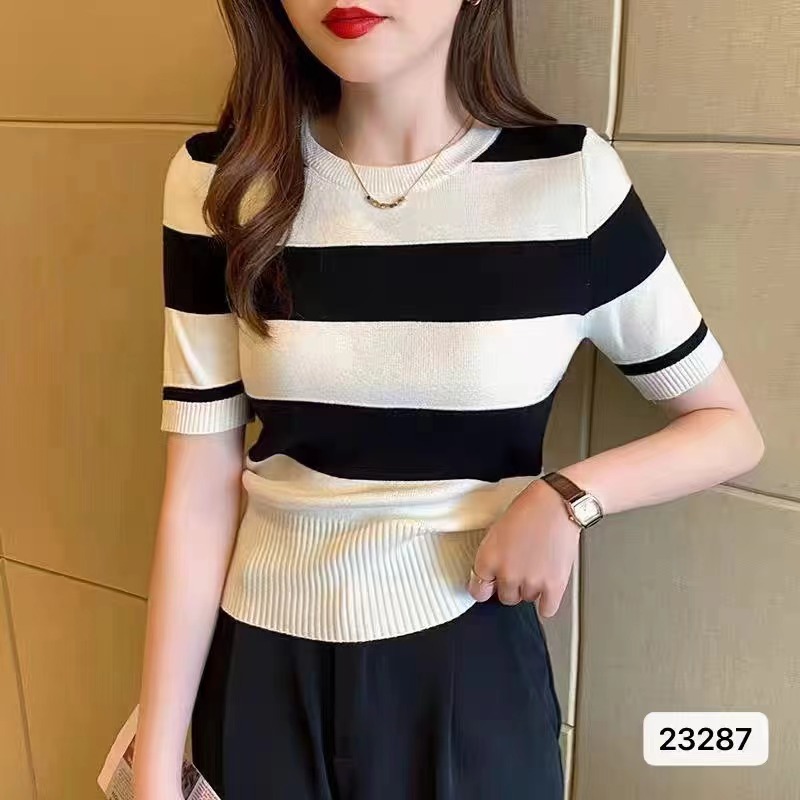 夏季新款韓系經典撞色條紋百搭短袖上衣女