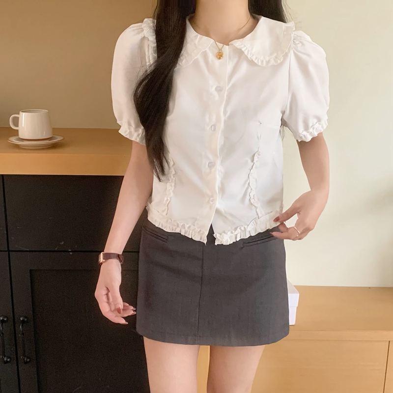 實拍 白色短袖娃娃領襯衫女夏季新款泡泡袖法式襯衣修身短款上衣