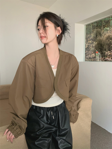 Actual shot of early spring stand-up collar short baseball shawl jacket top + vest