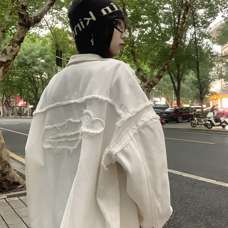 實拍！白色牛仔外套女春季新款設計感小眾炸街復古夾克上衣
