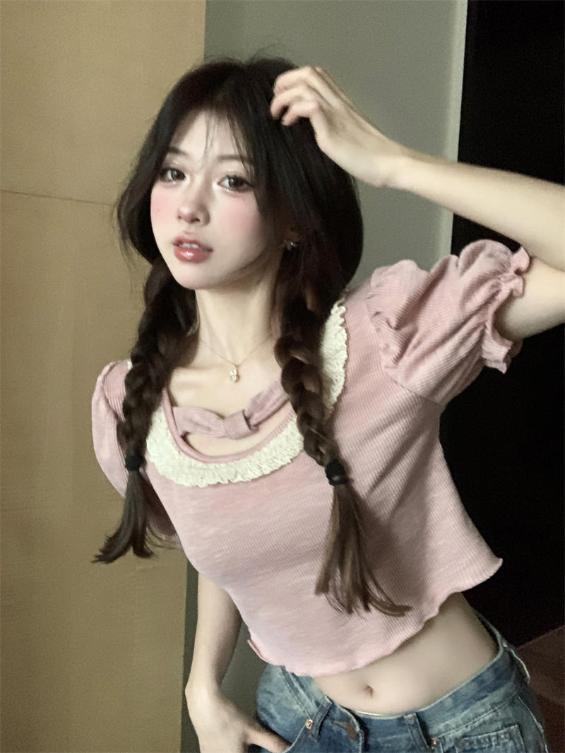 實拍~韓系甜美短袖T恤女夏季洋氣減齡溫柔修身短款上衣