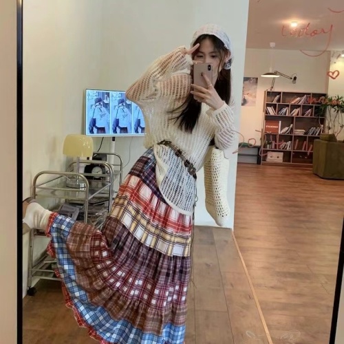 Colorful plaid print splicing skirt for women retro ethnic style high-waisted long skirt