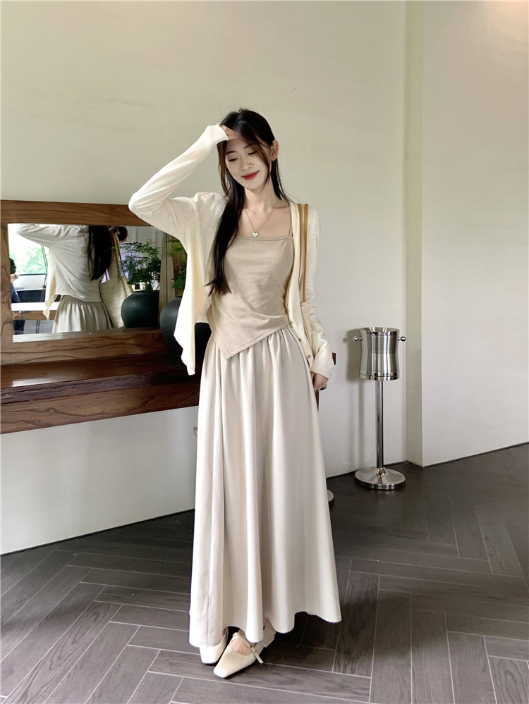 Real shot ~ Plus size women's Jiangnan Yanyu design Zen style cardigan suspender skirt three-piece set for women