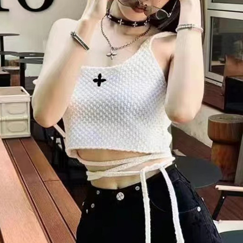 復古十字花針織吊帶女高級感辣妹上衣顯瘦綁帶背心小心機