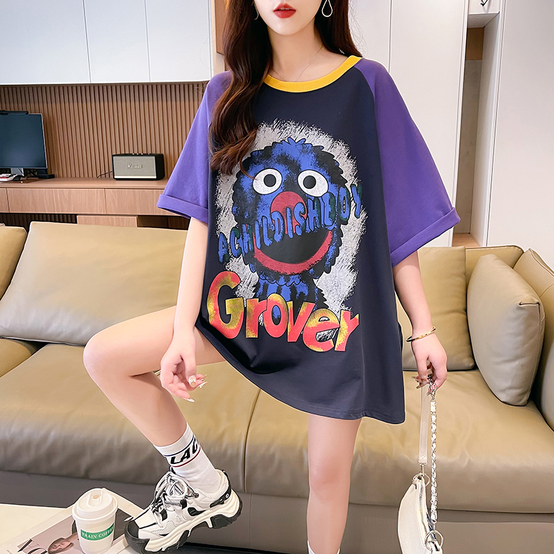| 實拍 100%純棉 | 後包領 | 夏韓版中長款撞色印花短袖T恤女