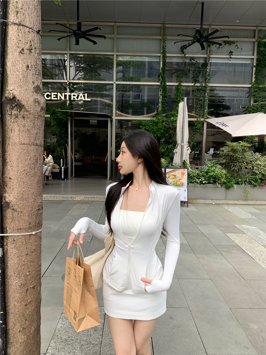 實拍 休閒立領收腰辣妹上衣防曬瑜伽服短款包臀褲裙吊帶自帶胸墊