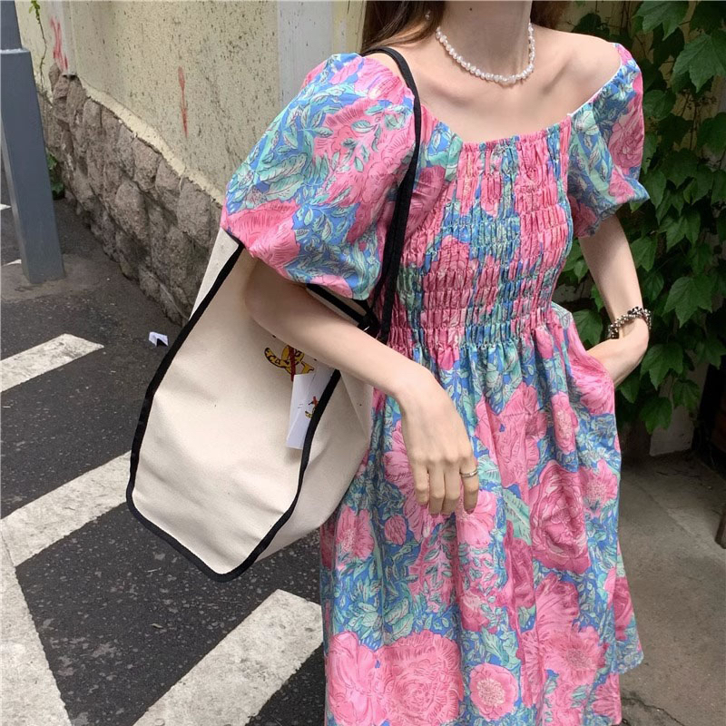 度假彩色花朵燈籠袖連衣裙女2024新款方領收腰中長款裙