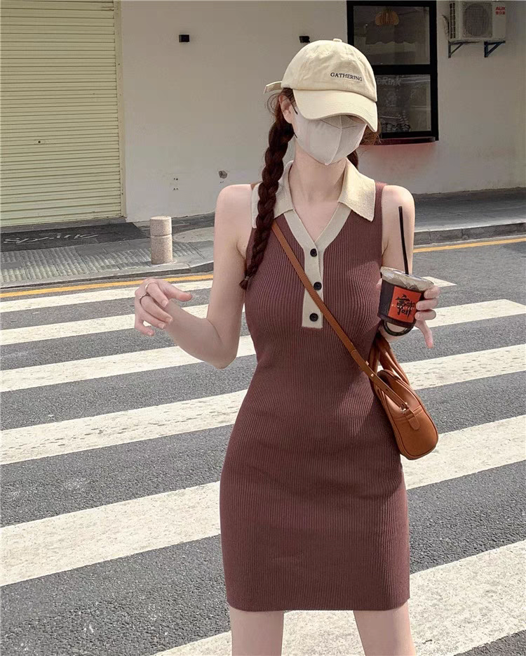 高級感Polo領針織連衣裙女夏季小個子修身收腰撞色顯瘦甜辣包臀裙