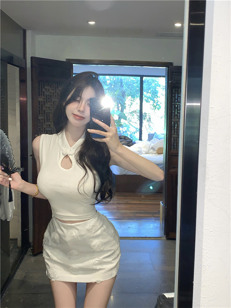 實拍 復古辣妹中式盤扣立領無袖彈力緊身T恤