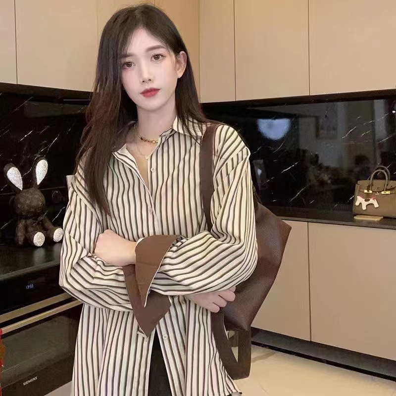 2024早春裝韓系純棉條紋襯衫女長袖設計感小眾復古港味襯衣女