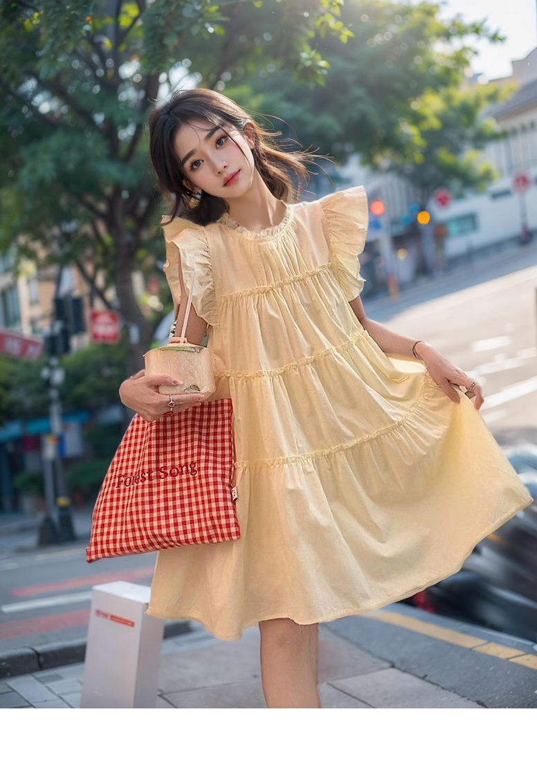 甜美溫柔飛飛袖連衣裙春夏2024新款小個子寬鬆顯瘦a字短裙荷葉邊