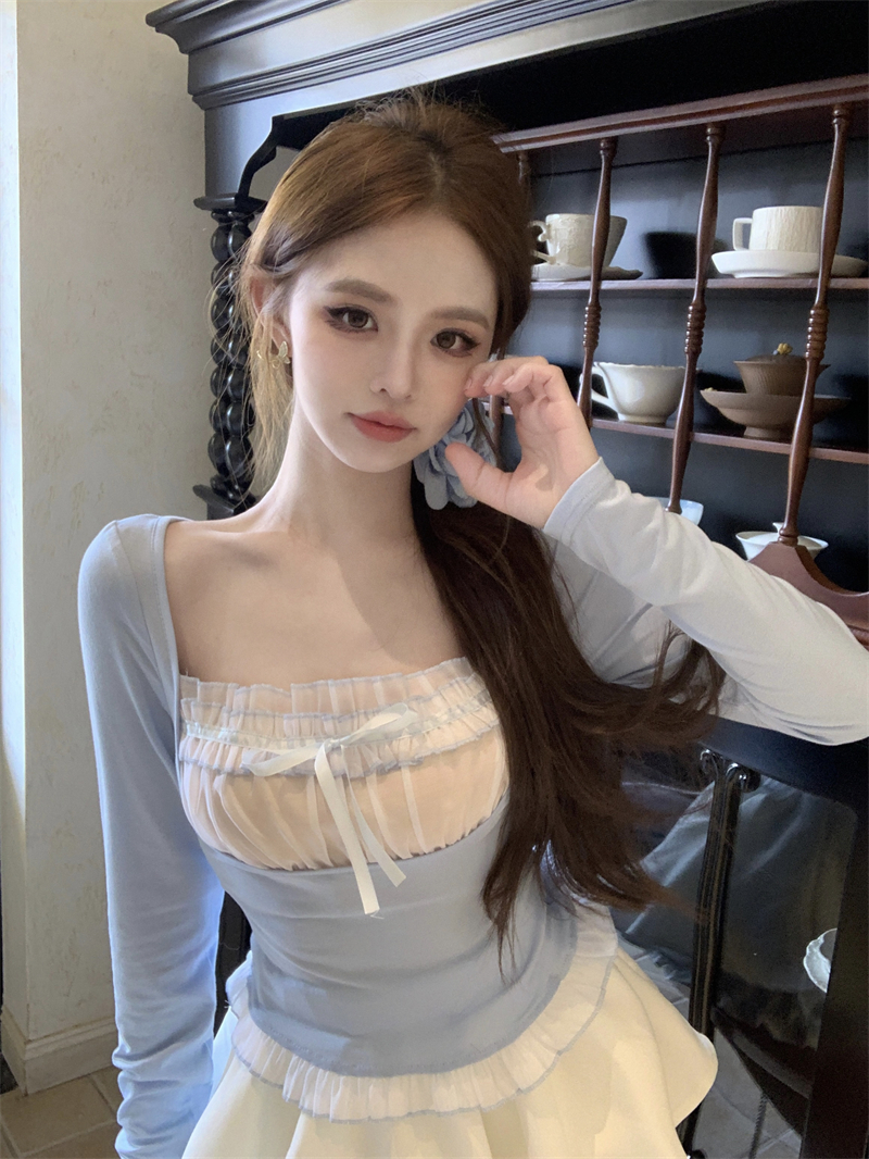 實拍~系帶假兩件長袖T恤木耳邊方領修身顯瘦別致絕美小上衣
