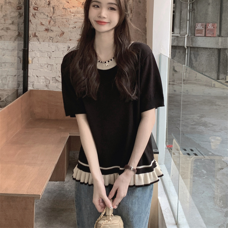 大碼木耳邊撞色短袖t恤女夏季胖mm遮肚子寬鬆設計感正肩針織上衣