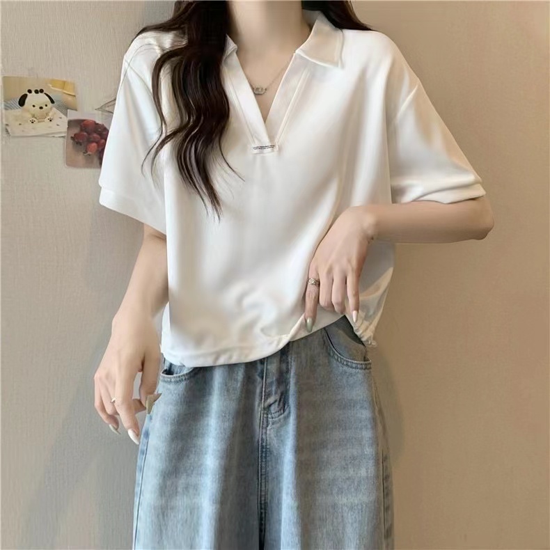 實拍POLO領短袖T恤女短款V領上衣