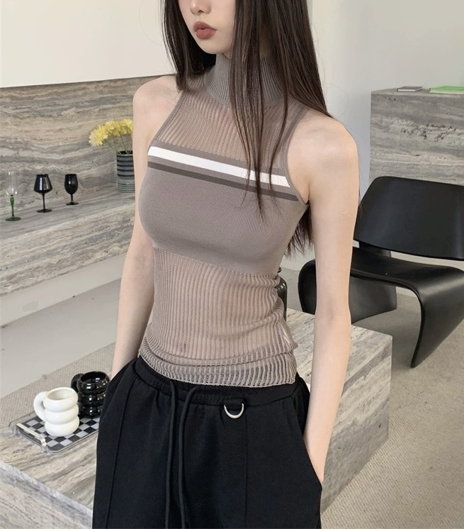 設計半高領毛織透視背心辣妹2024夏季新款無袖內搭打底衫上衣