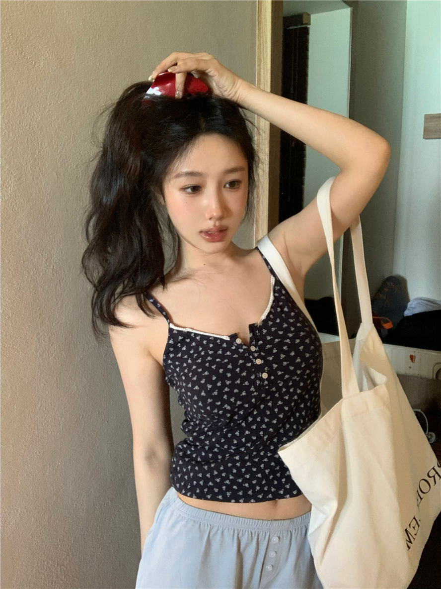實拍 美式復古碎花花邊領吊帶背心bm顯瘦性感上衣女短褲套裝