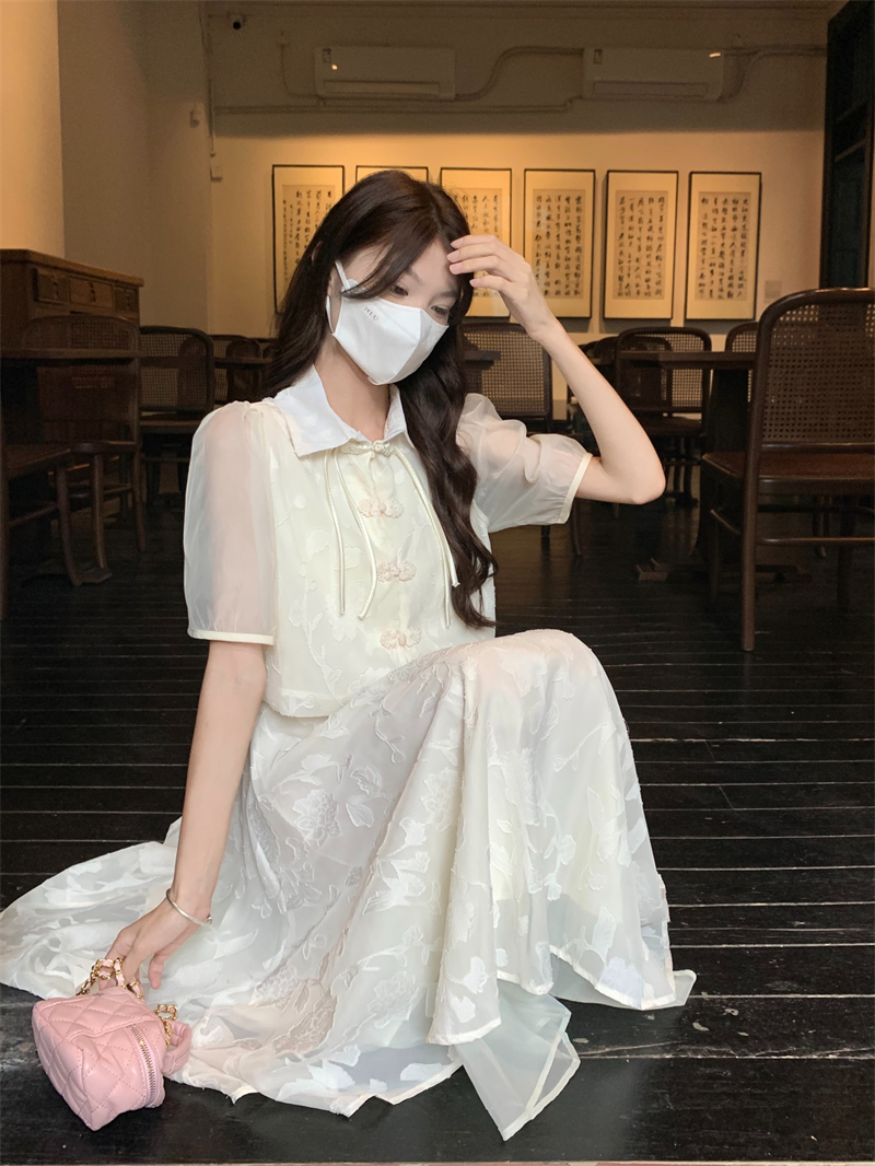 高級感新中式旗袍改良版兩件套套裝女氣質顯瘦吊帶中長款連衣裙子