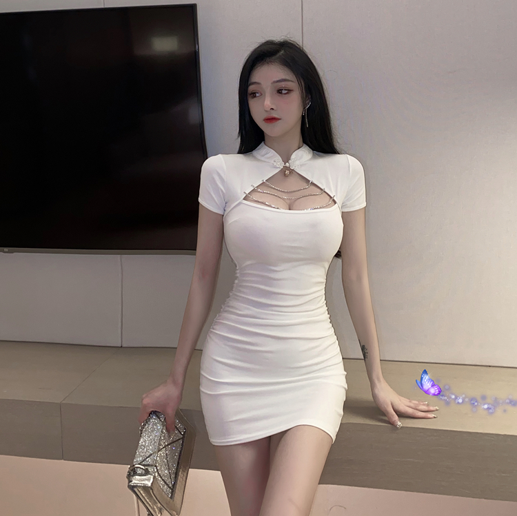 夏季新款性感鏤空鏈條改良旗袍辣妹純欲少女工作服顯瘦包臀連衣裙