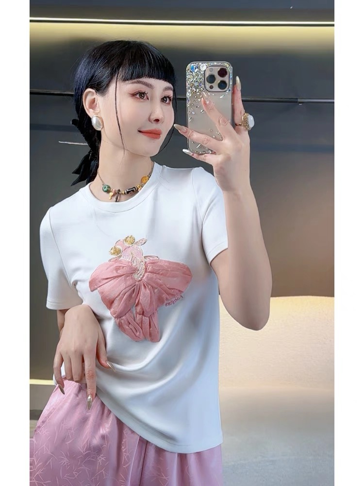 2024春夏新款刺繡貼花新中式國風短袖T恤女氣質打底上衣