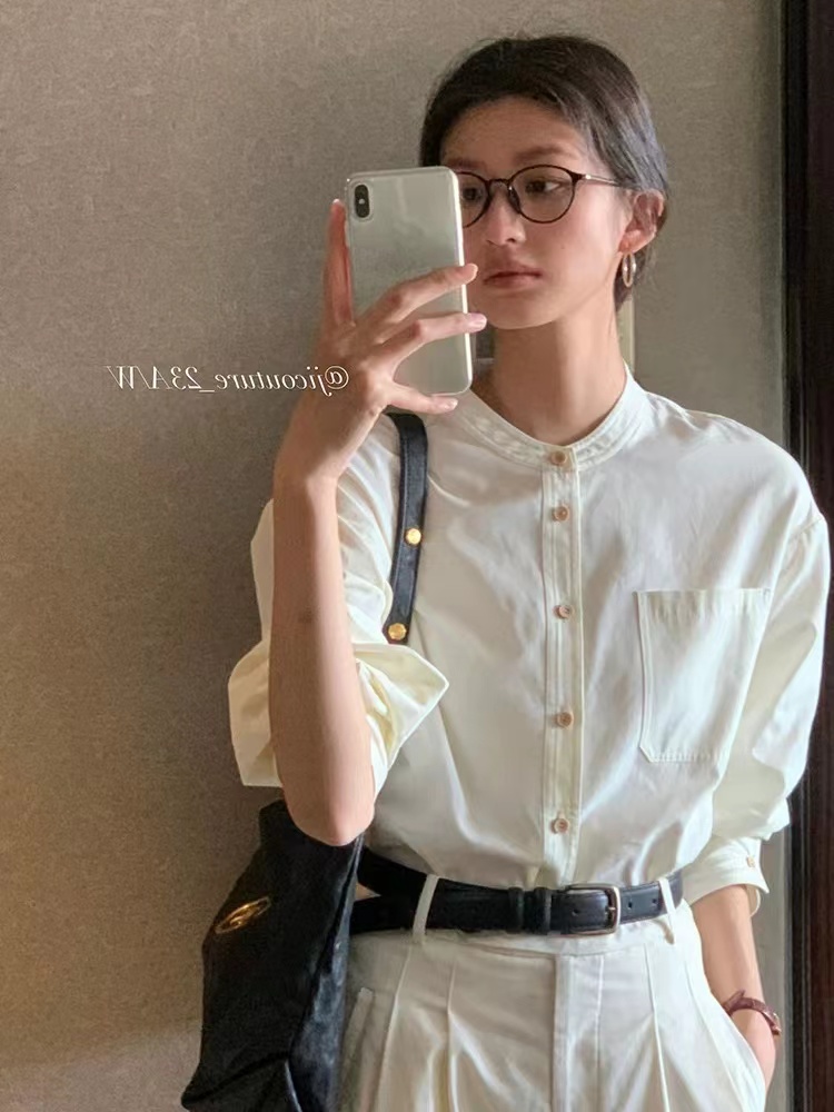 圓領襯衫女新款法式寬鬆長袖氣質上衣