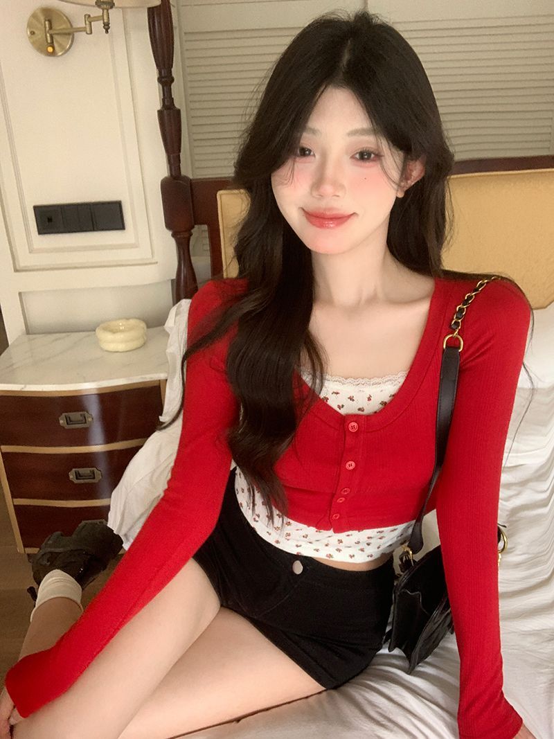 已出貨 甜美風緊身女小個子紅色外套碎花吊帶背心兩件套春秋長袖