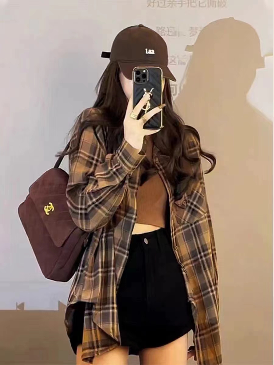 美式格子襯衫女款春秋季設計感襯衣外套女