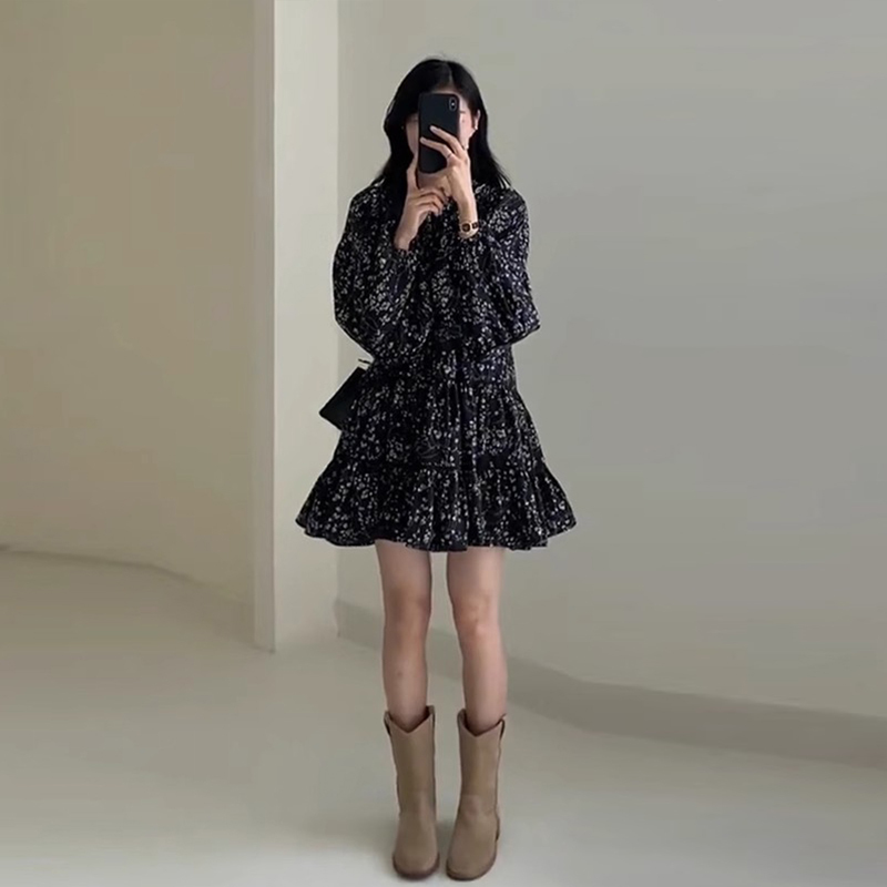 2024早春裝新款小個子茶歇法式黑色碎花長袖連衣裙子女高級感短裙