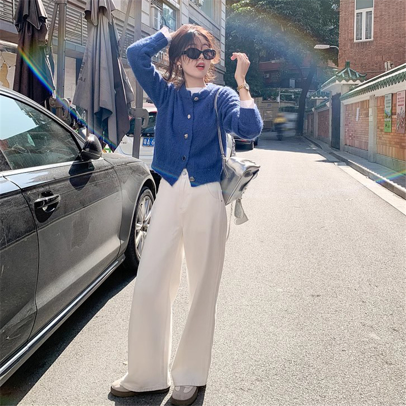 春季韓版軟糯短款開衫外套女早春通勤百搭毛針上衣牛仔褲三件套裝