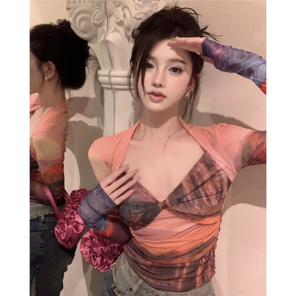 夏季新款辣妹交叉V領設計感抽象水墨印花長袖修身輕薄防曬上衣女