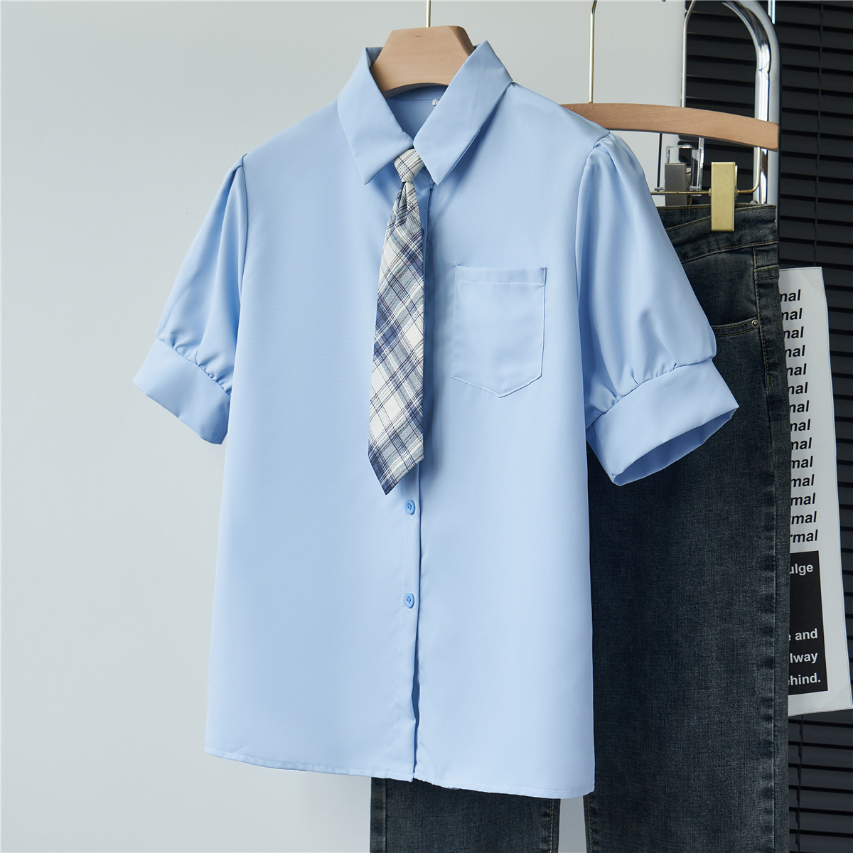 實拍減齡學院日系女孩淺藍色JK領帶襯衫短袖襯衣女夏季百搭