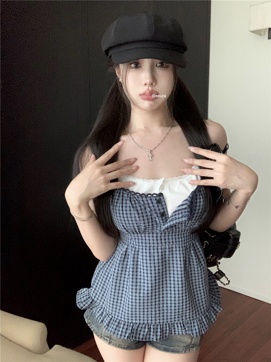 實拍  拼接蕾絲吊帶背心女甜美小衫輕薄上衣格紋假兩件