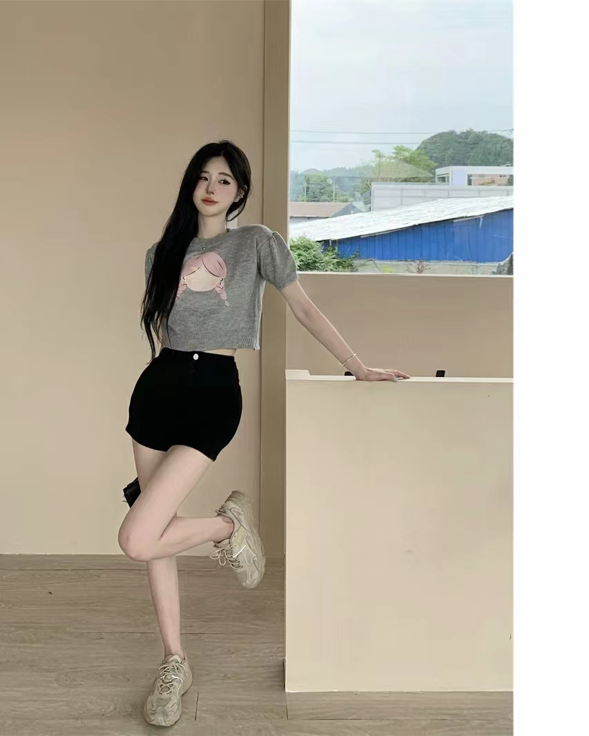 夏季女裝正肩寬鬆短袖灰色針織t恤韓系chic泡泡袖上衣設計感小眾