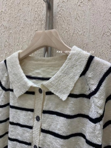 BB Korean style real shot polo collar striped ramie knitted beaded pullover sweater new style gentle style single wear