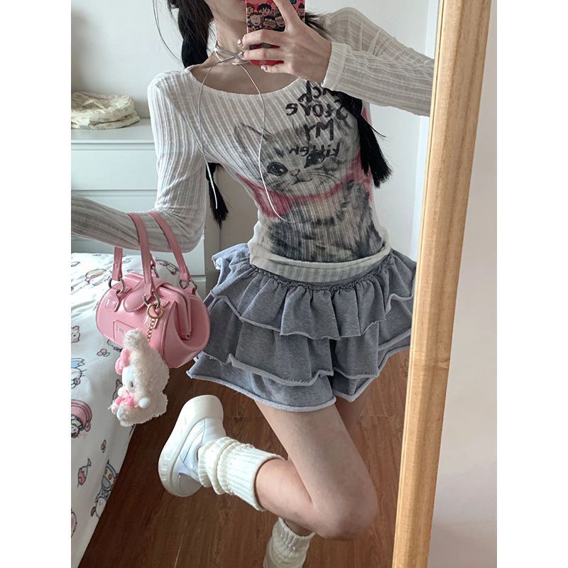 原版面料貓咪印花長袖t恤女白色內搭修身顯瘦打底衫上衣