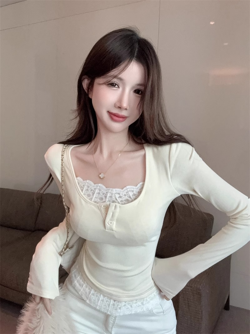 坑條1X1純欲辣妹顯身材上衣女秋冬假兩件長袖t恤蕾絲打底衫內搭