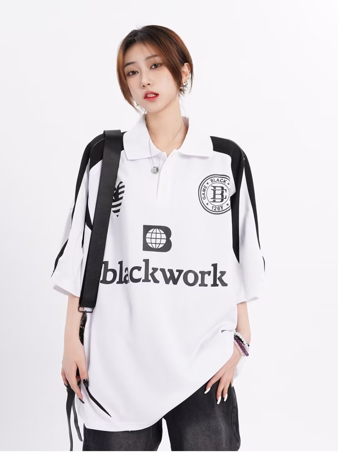 美式ins潮流機車服POLO領休閒情侶五分袖上衣潮牌體恤女