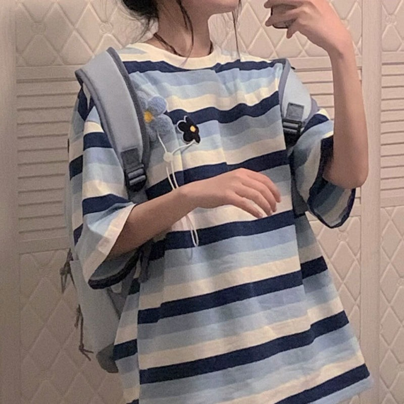 240斤大碼小眾港味條紋T恤女 純棉210克精梳緊密後包領