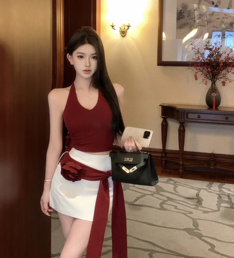 實拍 可拆卸花朵腰帶半身裙女辣妹掛脖吊帶上衣