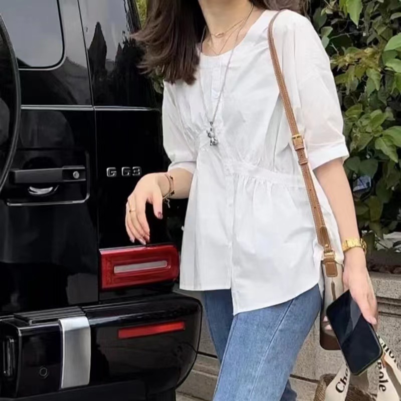 法式v領短袖白色襯衫女2024新款夏裝設計感小眾復古襯衣