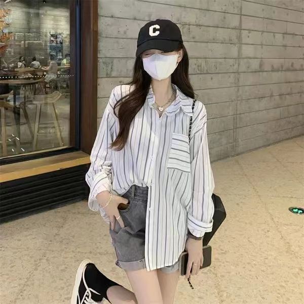 2024夏季新款條紋襯衫女設計感長袖上衣外穿寬鬆休閒襯衣