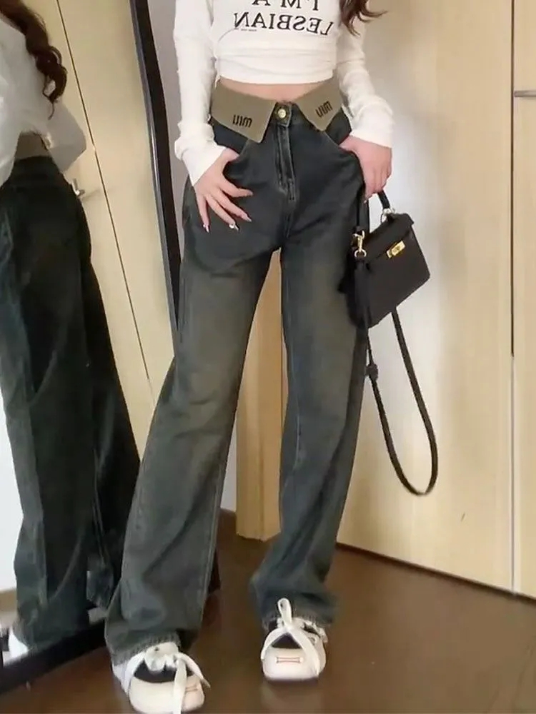復古韓版春季新款洋氣撞色拼接字母牛仔褲女寬鬆高腰闊腿拖地長褲