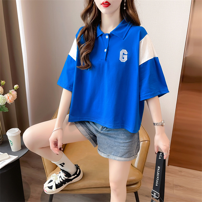 實拍 6535拉架活性棉韓版插色polo領短款T恤女夏季寬鬆上衣