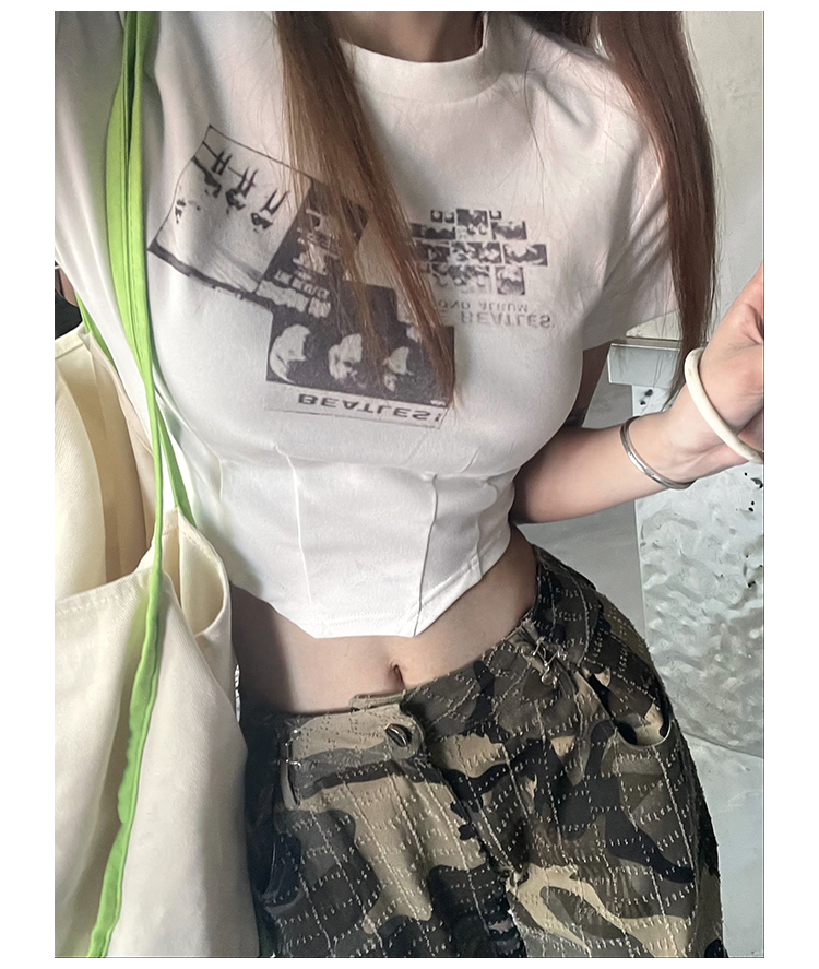 純棉 美式辣妹性感設計顯瘦百搭印花短款上衣
