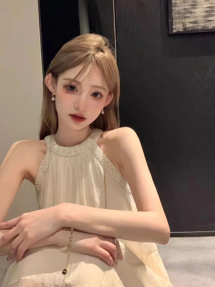 純欲風掛脖式無袖連衣裙子女夏裝高級氣質感圓領高腰中長款A字裙