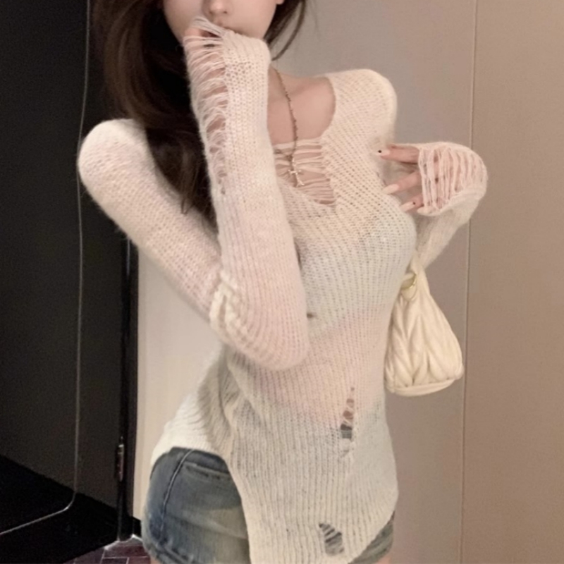 純欲辣妹性感v領上衣女秋冬不規則針織打底衫內搭疏離感穿搭毛衣